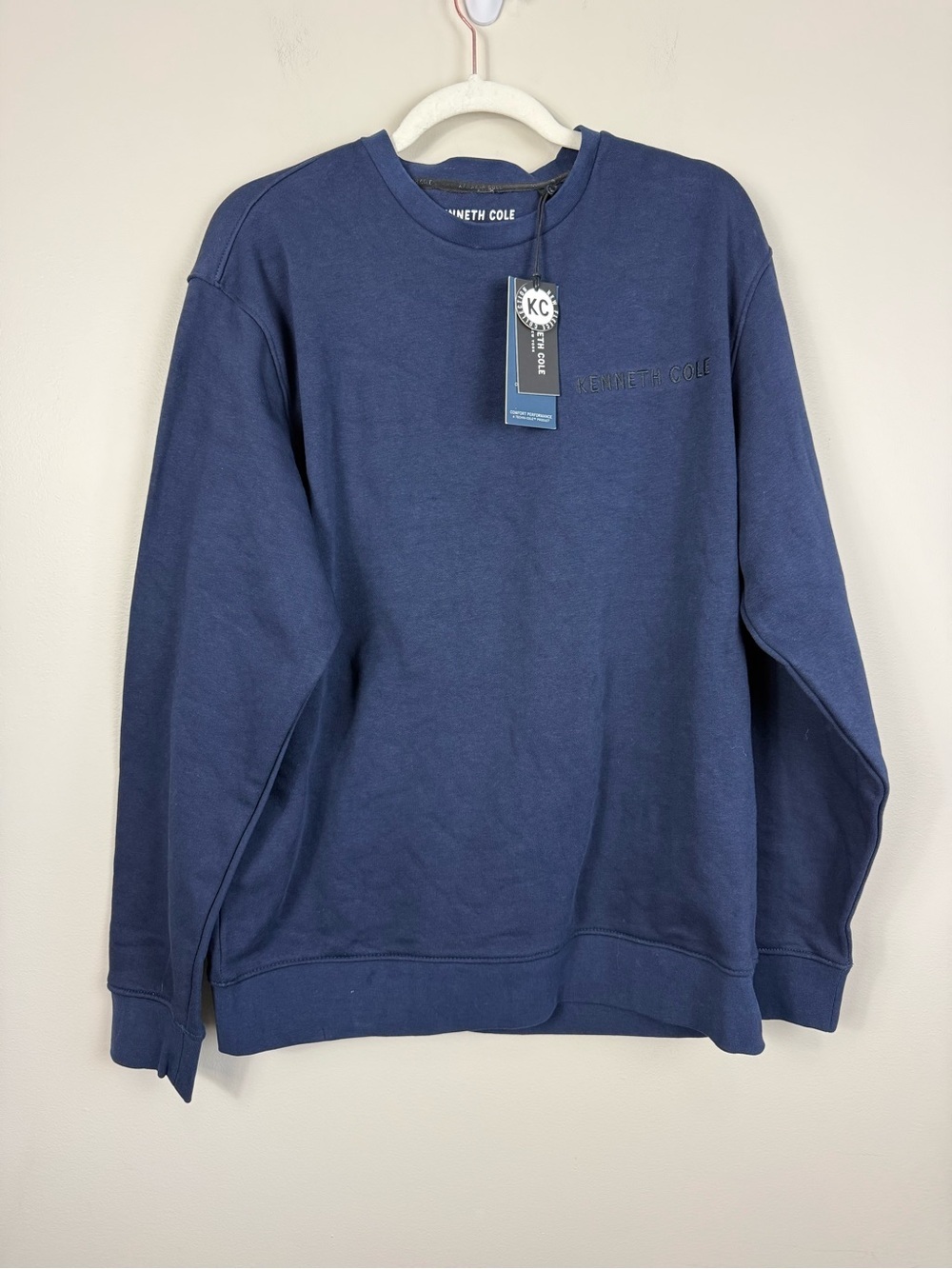 Kenneth Cole Crewneck Sweater Mens Large Pullover Blue Logo Cotton Sporty Preppy